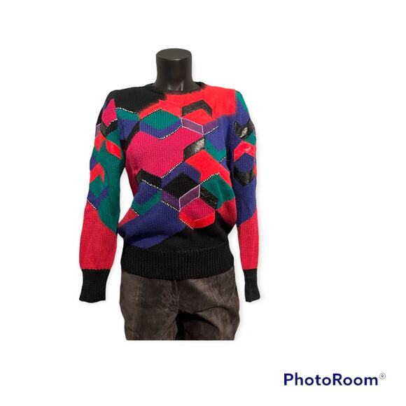 Vintage 80s Sweater Small Leather Angora Geometric Color Block Funky Retro - Picture 10 of 10